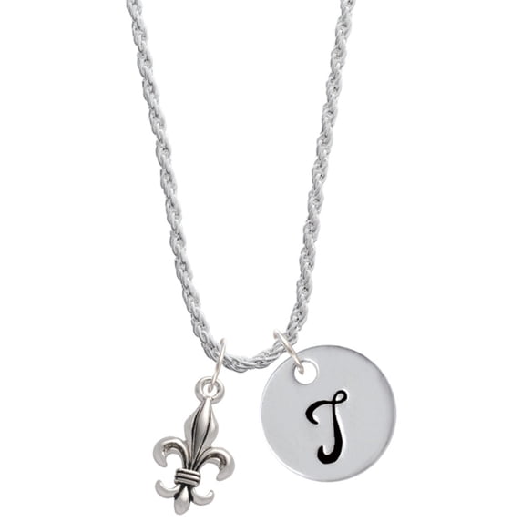 Delight Jewelry Medium Antiqued Fleur di Lis Silvertone Script Initial Disc - T - Charm Necklace, 20"+3"