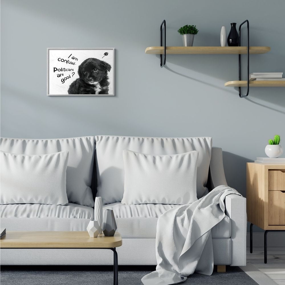 Stupell Industries Politicians Are Good Question Cute Puppy Political Humor Framed Wall Art Design by Ziwei Li, 11" x 14", Gray Framed