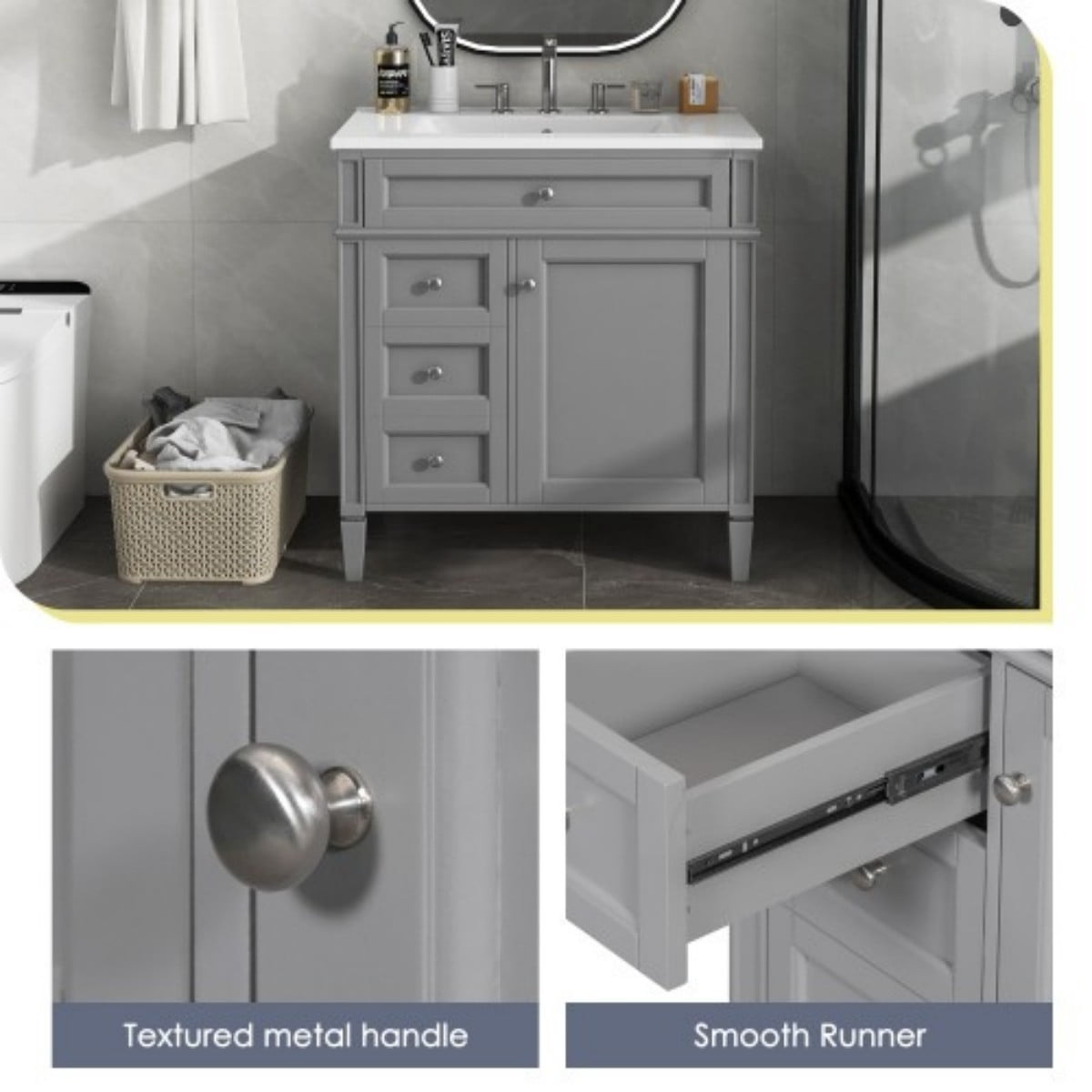 30" Bathroom Vanity with Sink, Modern Freestanding Bathroom Vanity Cabinet with Ceramic Sink, 3 Drawers & Tip-Out Drawer, Adjustable Shelf, White Storage Cabinet, Grey