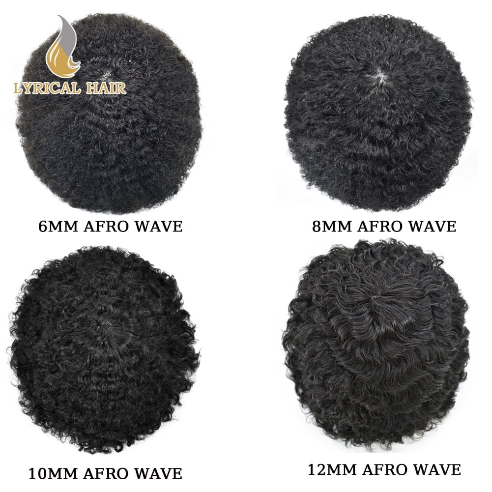 Lyricalhair Toupee for Men 10MM Kinky Curly Hairpieces for Man Brazilian Human Hair Replacement System Full PU Hair Units for African American Mens Wig Male Hair Prosthesis #1 Jet Black