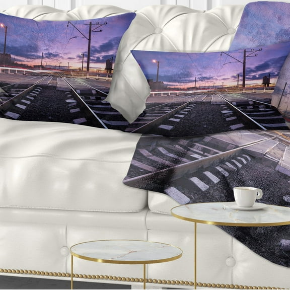 Designart Rail Crossing with Blurred Car Lights - Cityscape Photo Throw Pillow - 12x20