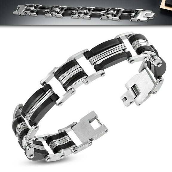 Stainless Steel Silver-Tone Black Rubber Link Mens Bracelet, 7.75"