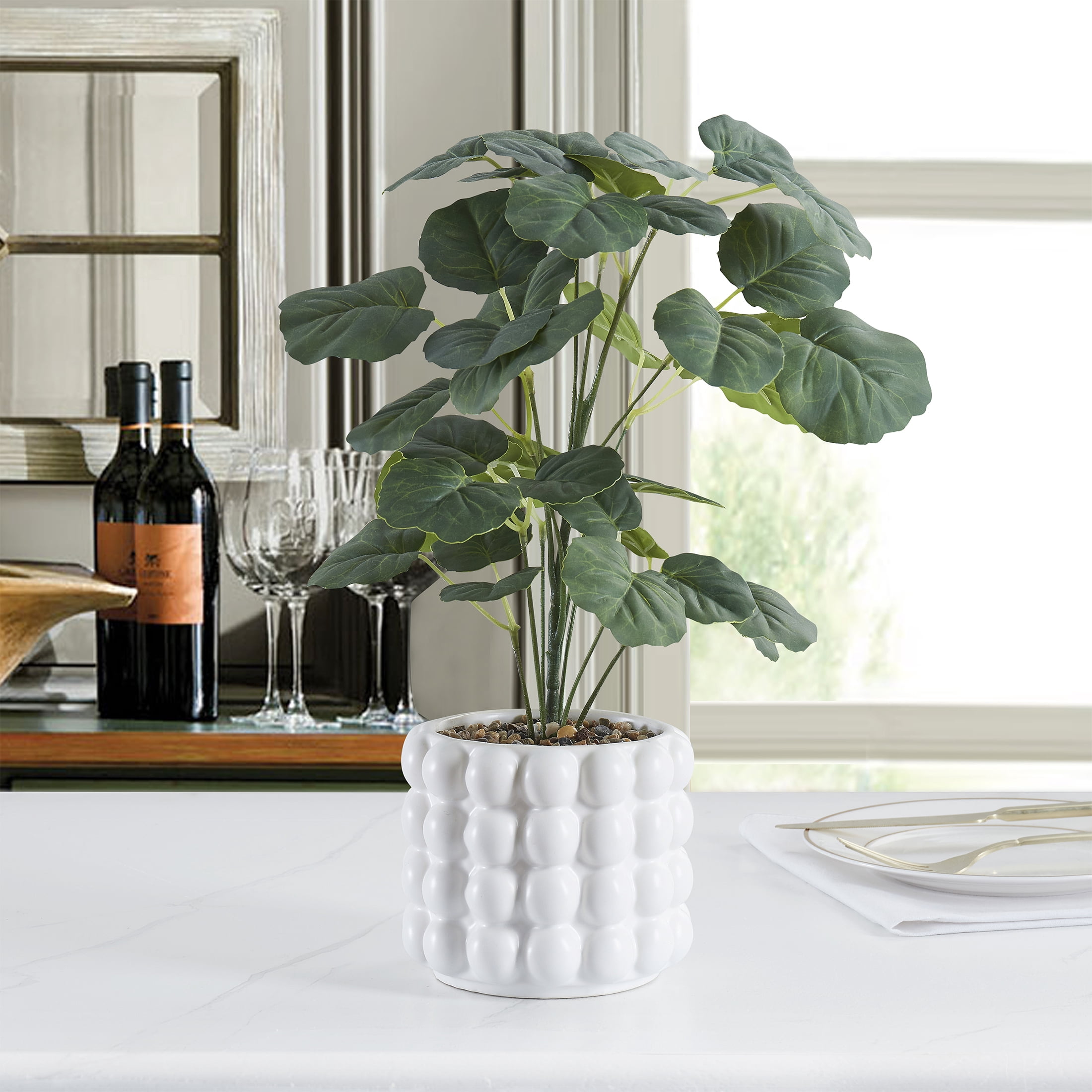 Home Dcor Collection 15.5” Artificial Faux Plant in White Ceramic Bubble Vase Modern Decor