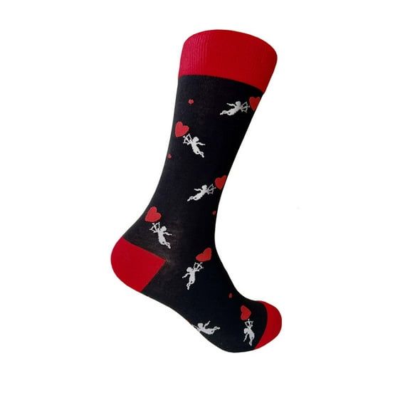 Valentine's Day Cupid Pattern Men's Novelty Dress Casual Mid-calf Socks in Black with Red and White Color, One Size Fit Most(Men's Size 9-13)