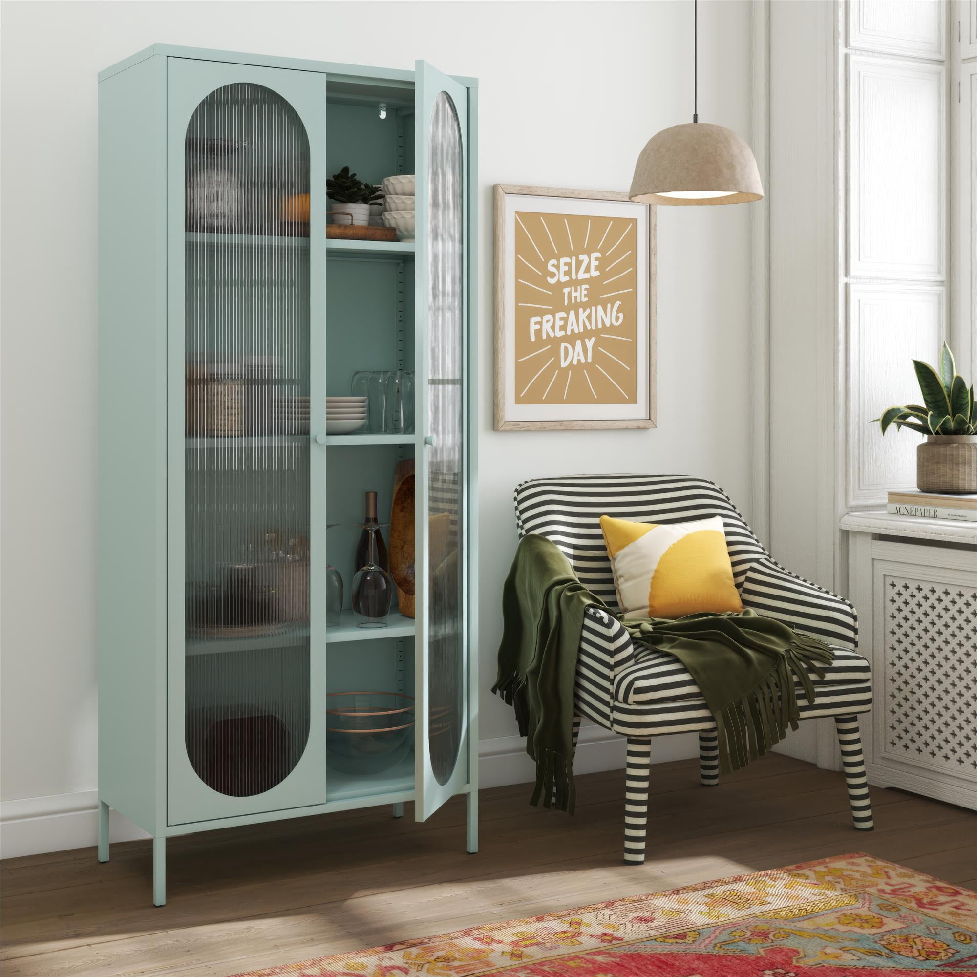 Mr. Kate Luna Tall 2-Door Accent Cabinet with Fluted Glass, Sky Blue
