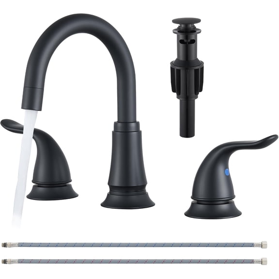 Matte Black Widespread Bathroom Faucet 3 Hole, 8 Inch Bathroom Sink Faucet | Adjustable Sink Faucet Bathroom with Pop-Up Drain & Supply Lines, Dual Handle 360° Swivel Spout, Modern Design