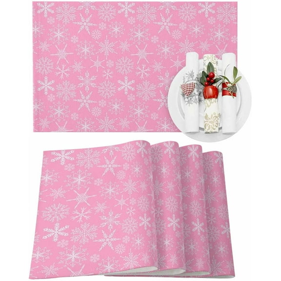 Christmas Placemats Set of 4 White Snowflake Christmas Placemats for Dining Table Pink Table Mat Winter Holiday Home Party Kitchen Table Decorations