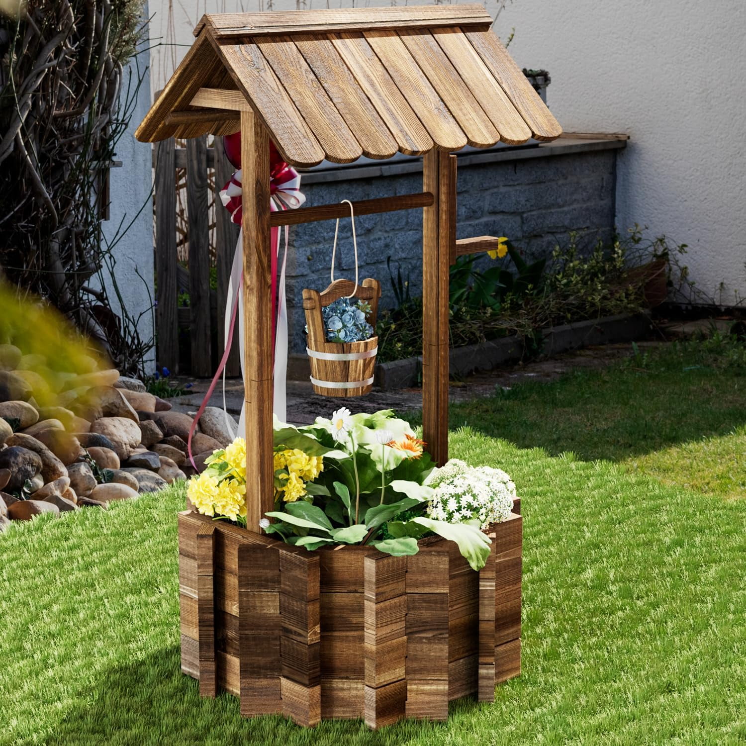 BaPiPro 25.5" Big Wishing Well Planter with Hanging Bucket for Flower and Plants, Brown, Wooden