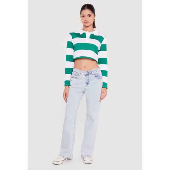 Women's Almost Famous Striped Long Sleeve Cropped Polo Top