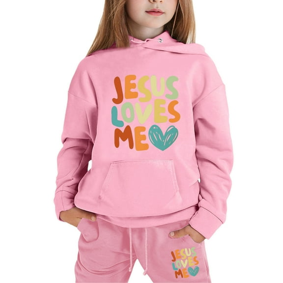 Girls 2 Piece Outfits Sweatsuit Jesus Loves You Letter Print Hoodie Sweatshirt and Sweatpant Tracksuit Athletic Jogger Sets,Black,2-3 Years