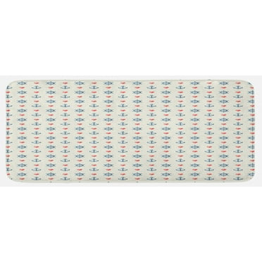 Anchor Kitchen Mat, Maritime Pattern with Sea and Little Red Hearts Romance Love Ocean, Plush Decorative Kitchen Mat with Non Slip Backing, 47" X 19", Blue Red White, by Ambesonne