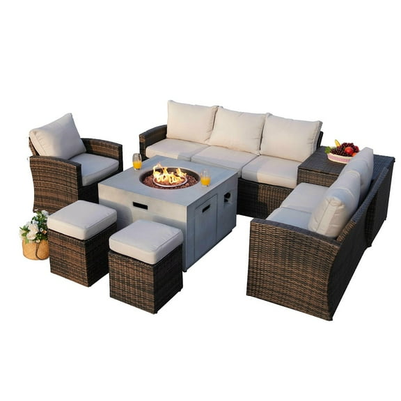 Abrihome 7-Piece Patio Brown Rattan Wicker Conversational Sofa Set with Fire Pit Table and Storage Box