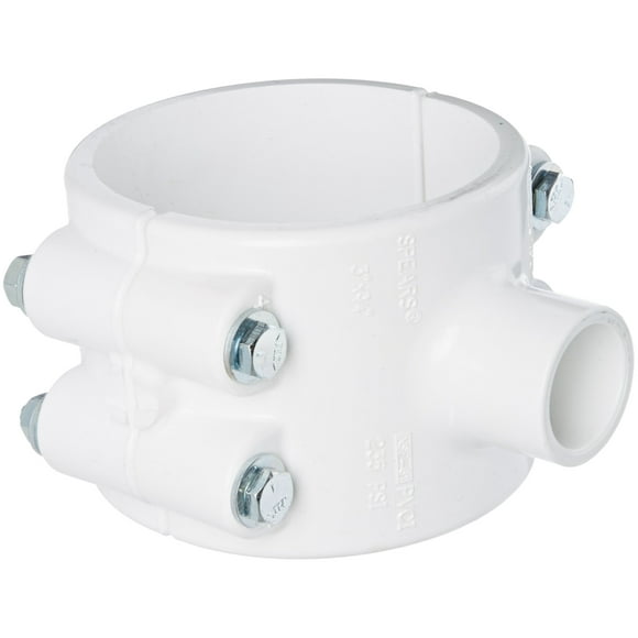 Spears 466 Series PVC Clamp-On Saddle with Buna O-Ring, Zink Bolt, Schedule 40, White, 2" IPS OD x 3/4" Socket