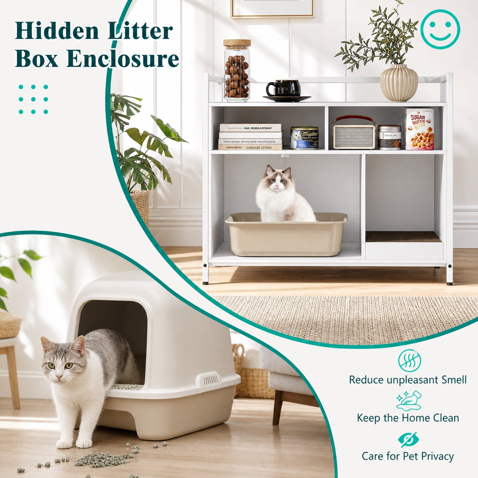 SUGIFT Hidden Cat Litter Box Enclosure, Wooden Cat Washroom Furniture with Double Doors, End Side Table Cat House, Off White