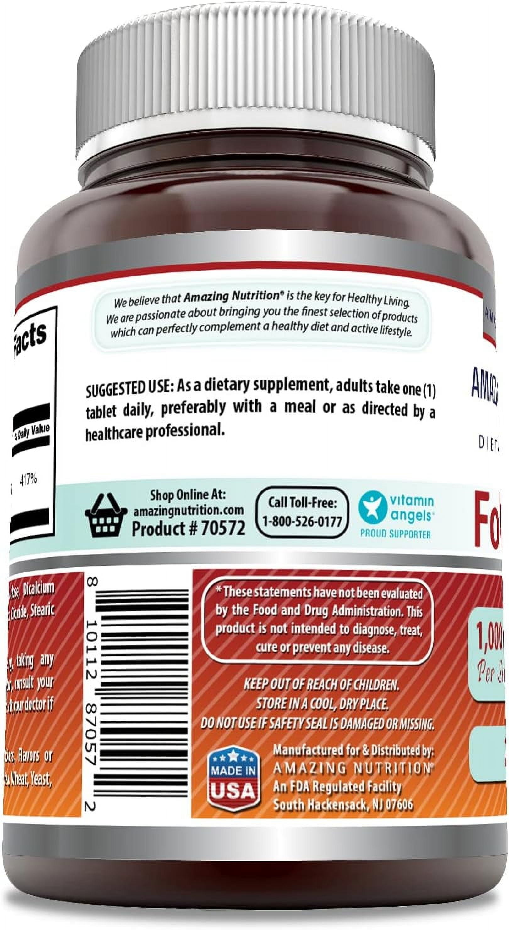 Amazing Formulas Folic Acid 1000 mcg Per Serving (1 mg) 240 Tablets Supplement | Vitamin B9 | Non-GMO | Gluten Free
