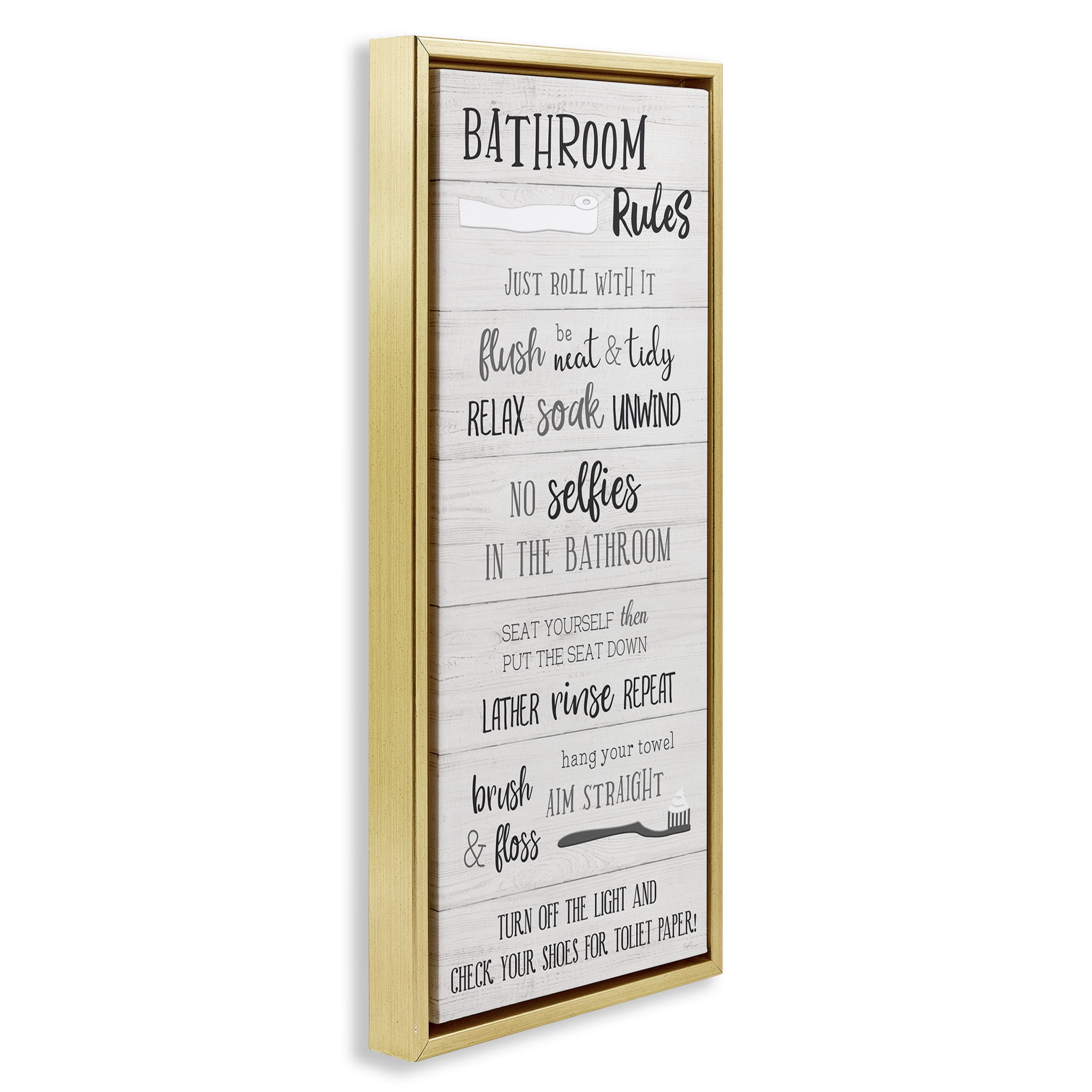 Stupell Industries Fun Bathroom Rules Sign Abstract Painting Gold Floater Framed Canvas Art Print Wall Art, 11 x 25