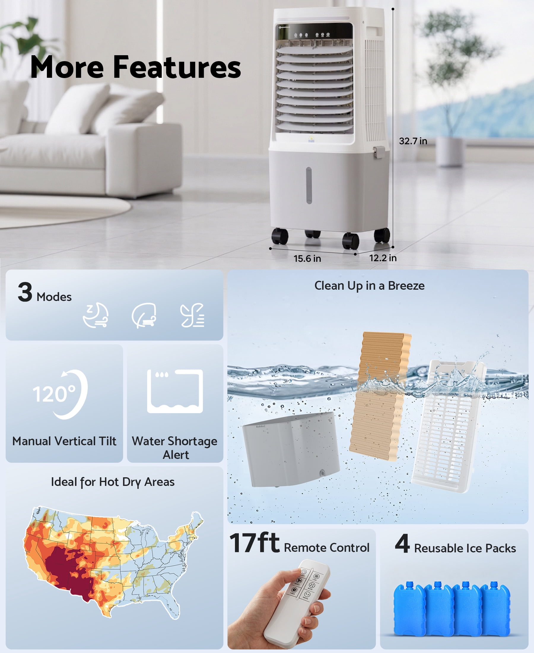 Flamemore Upgraded 1800CFM Evaporative Air Cooler Fan Humidifier with 6.6 gal Tank & 4 Ice Packs, Portable Swamp Cooler for Indoor/Outdoor