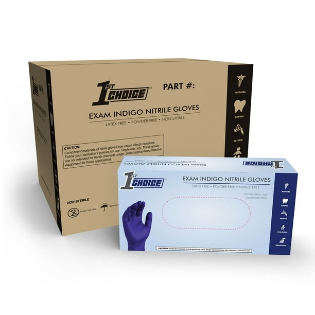 1st Choice Indigo Nitrile Latex Free, Powder Free Disposable Exam Gloves, 3 Mil, XLarge, 1000
