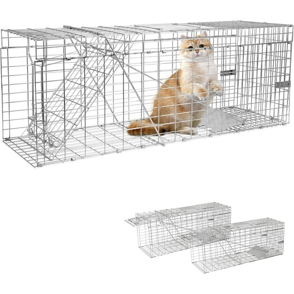 2-Pack H&B Cat Trap,Humane Feral Cat Traps,Live Animal Trap Cage,32X12 X10inch,Small Animal Trap,Catch and Release Stray Cats,Racoons,Squirrels,Rabbit,Foxs and More Rodents,Large(Silver)