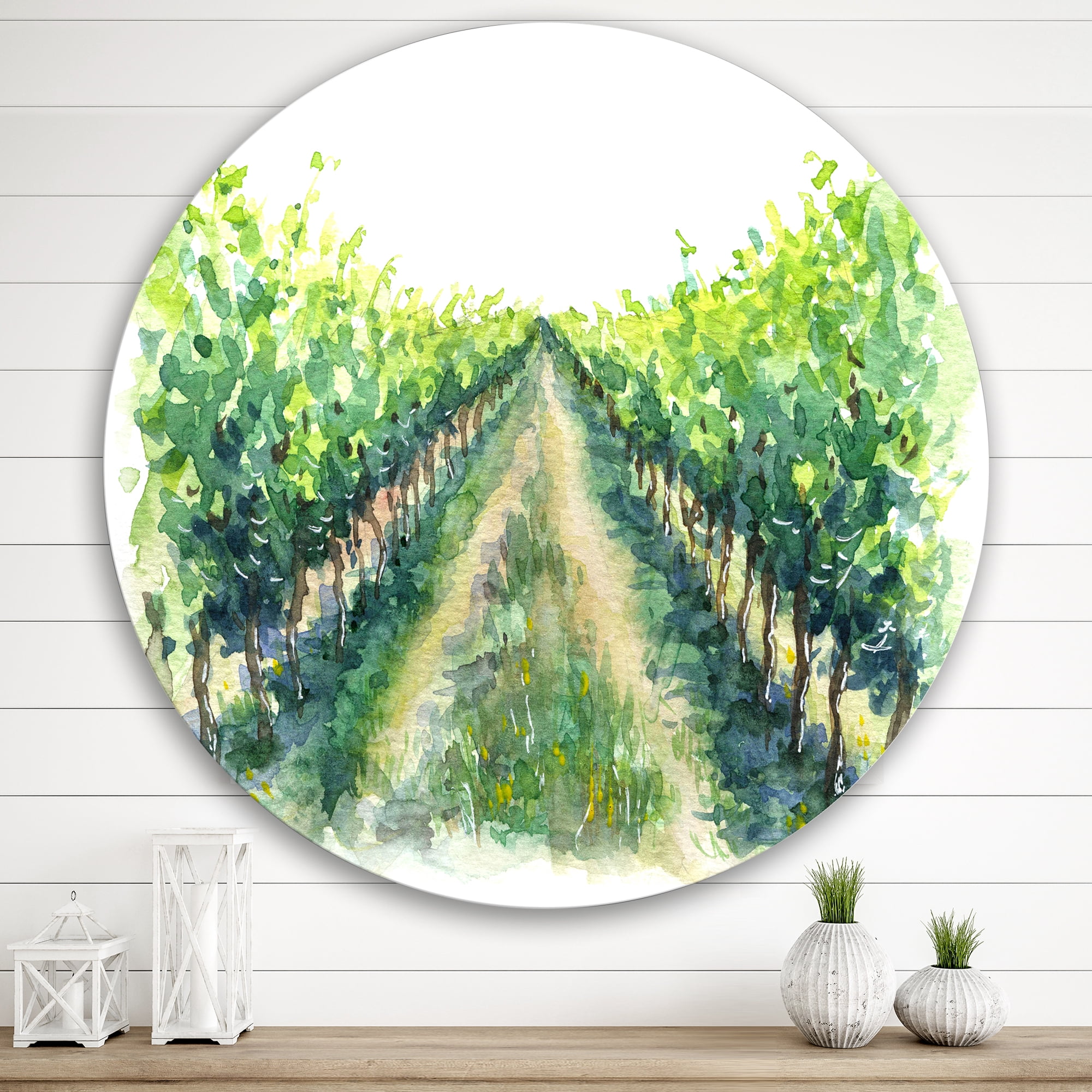Designart 'Rural Scene Vineyard Path' Traditional Circle Metal Wall Art 36x36 - Disc of 36