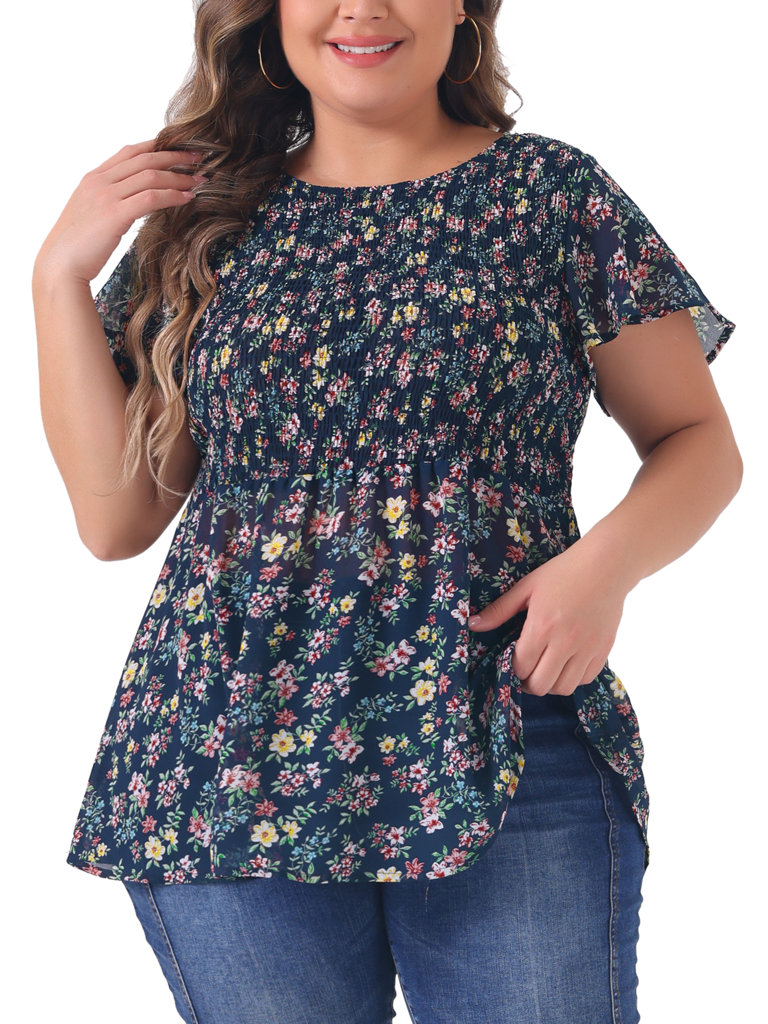 DARING DIVA Women's Plus Chiffon Flare Short Sleeves Floral Top 3X Navy Blue