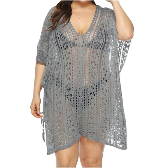 EQWLJWE Plus Size Swimsuit Cover Ups for Women,V Neck Short Sleeve Hollow Out Split Loose Beach Bathing Suit Cover Up Gift Gray Free Size