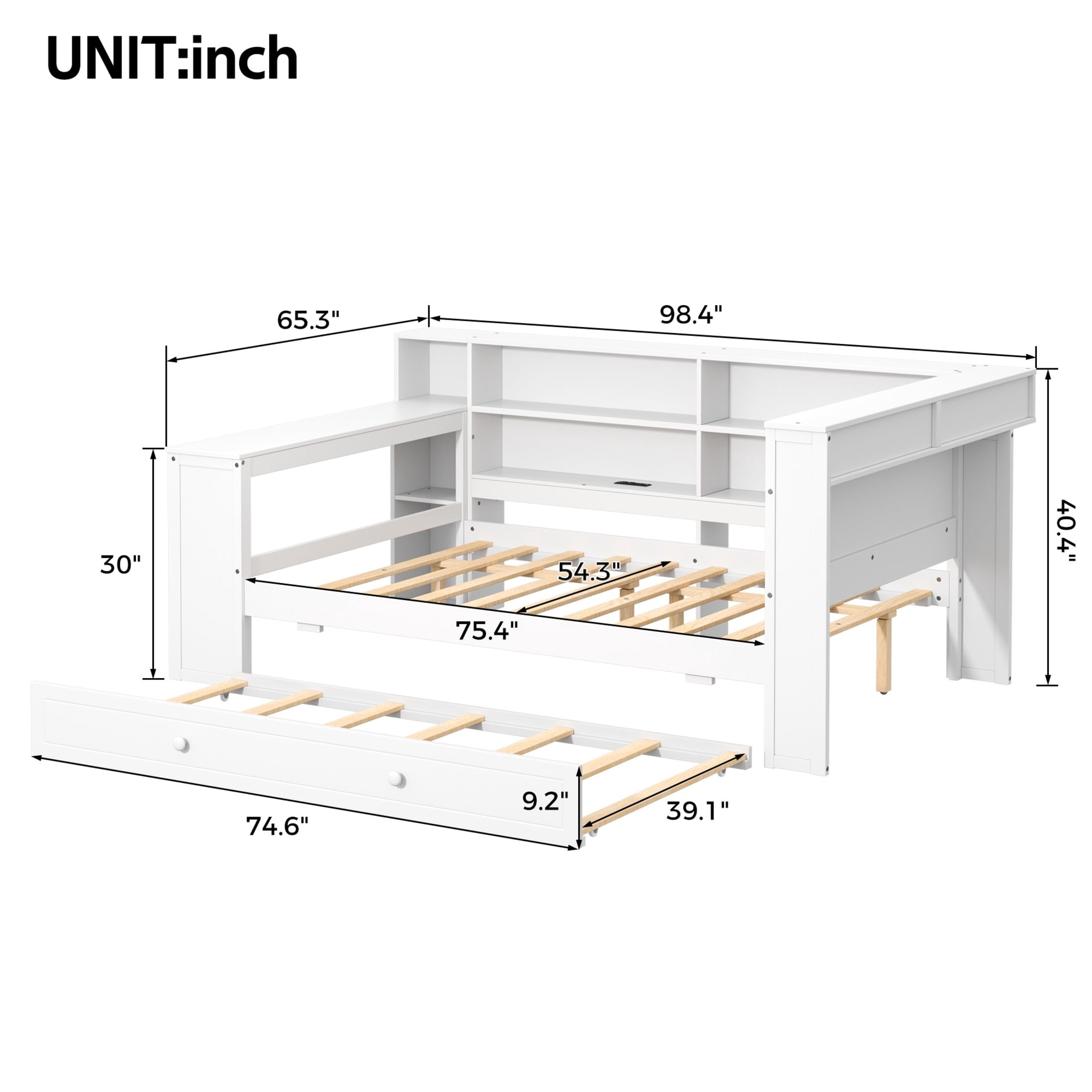 Noble House Full Platform Bed with Storage Shelves and Trundle, LED Desk and Integrated USB, Upholstered Headboard, White