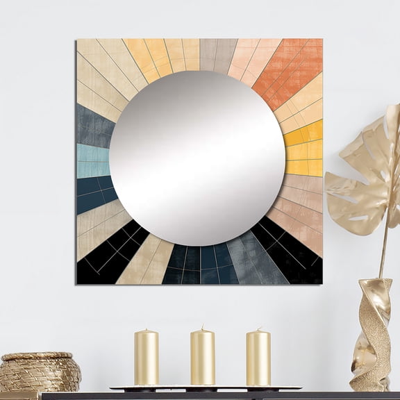 Designart "Harmonious Mid-Century Abstract Geometric Patterns III" Modern Midcentury Square Mirror Wall Decor Mid-Century - Large Blue Square Bathroom Mirror - Square Printed Wall Mirror Art