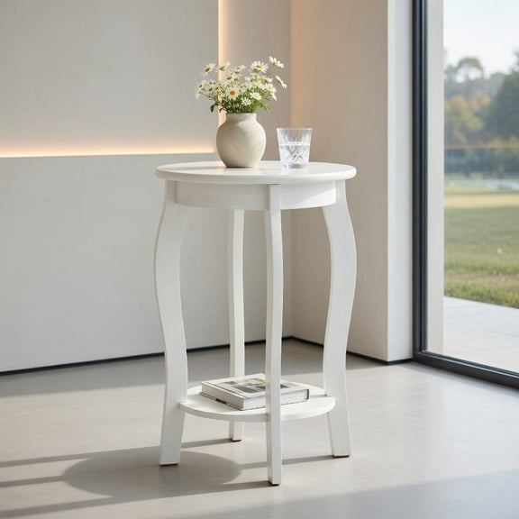 Demi Bonn 15" 2-Tier Round End Table, Solid Rubber Wood Legs, Storage Shelf, White