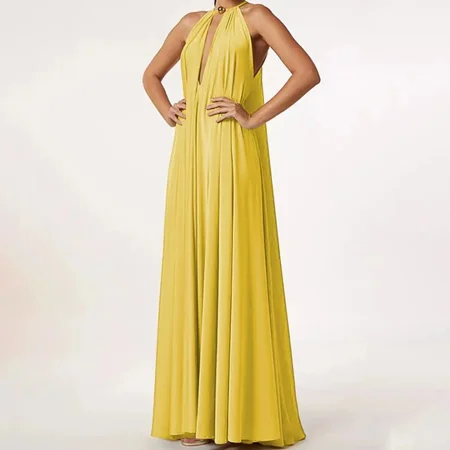 Solid Color Halter Long Dress 2024 Women s Swimwear Summer Elegant Bikini Suit Cutout Sleeveless Vacation Luxury Beach Swimsuits