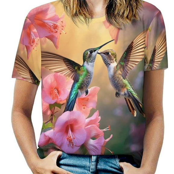 Flower Hummingbird T Shirts Basic T-Shirt Short Sleeve Ladies Tee Shirt Summer Graphic Clothing