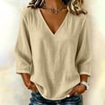 thumbnail image 2 of 3/4 Sleeve Tops for Women Cotton Linen Shirts Womens Oversized Casual Solid Tshirt V Neck Pull On Blouse Women Tunic Fall Tops, 2 of 5