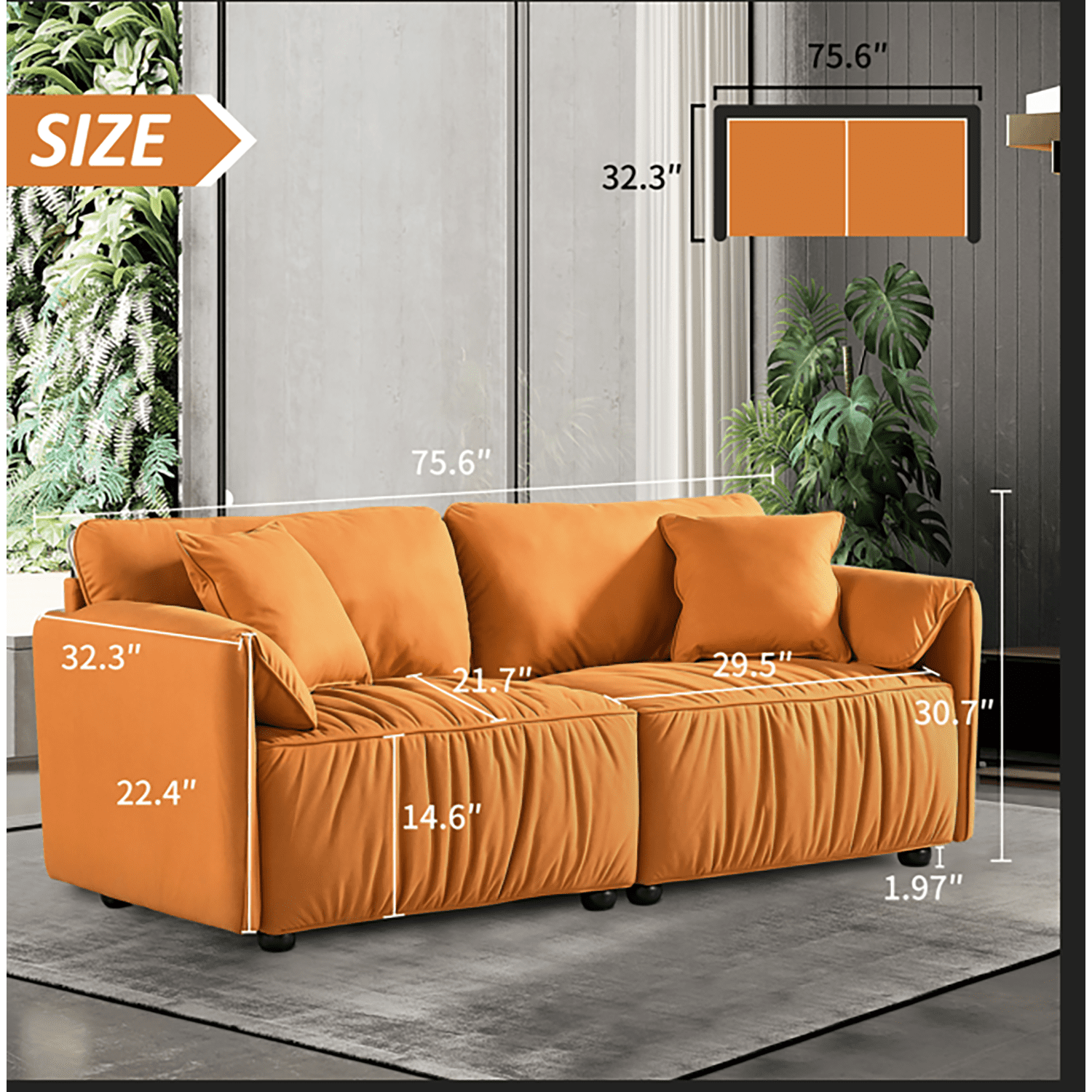 Kadyn Modern Upholstered Loveseat for Home, Sectional Sofa for Apartment Dorm, 2 Seater Living Room Sofa, Orange
