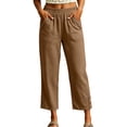 thumbnail image 3 of Capri Pants for Women Straight Leg Elastic Waist Comfy Cotton Blend Lounge with Pockets Khaki Loose Cropped Size L, 3 of 7