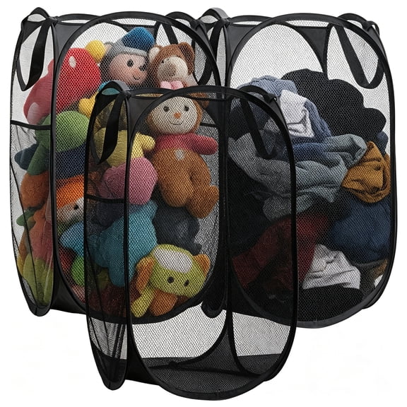 GARITIN 3 Pack Pop Up Mesh Laundry Hamper, Collapsible Dirty Clothes Basket with Carry Handles for Bedroom Bathroom