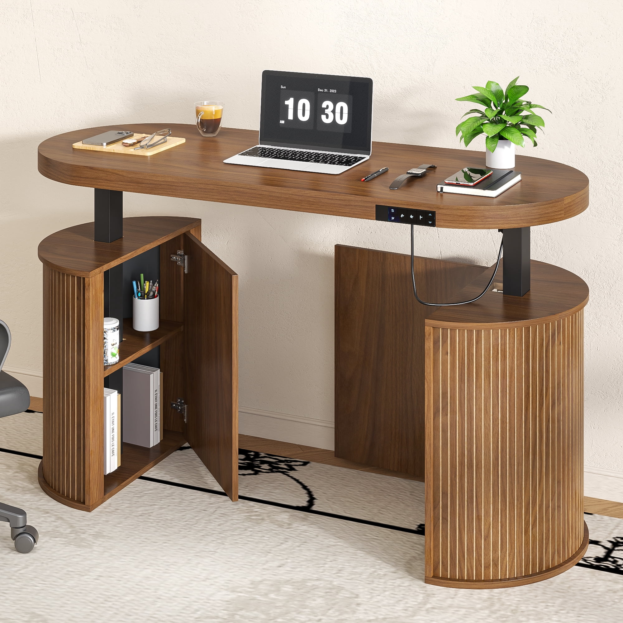 Modern Electric Standing Desk, Height Adjustable Computer Desk for Home Office, Laptop, Walnut