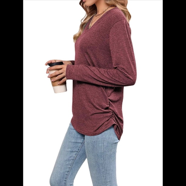 Camisas de Larga para Mujer, Cuello en V, Blusas Casuales, Sueltas, Elegantes, Básicas, Moda de Otoño, Conjuntos de Moda, Ropa de Invierno Rojo Oscuro XL