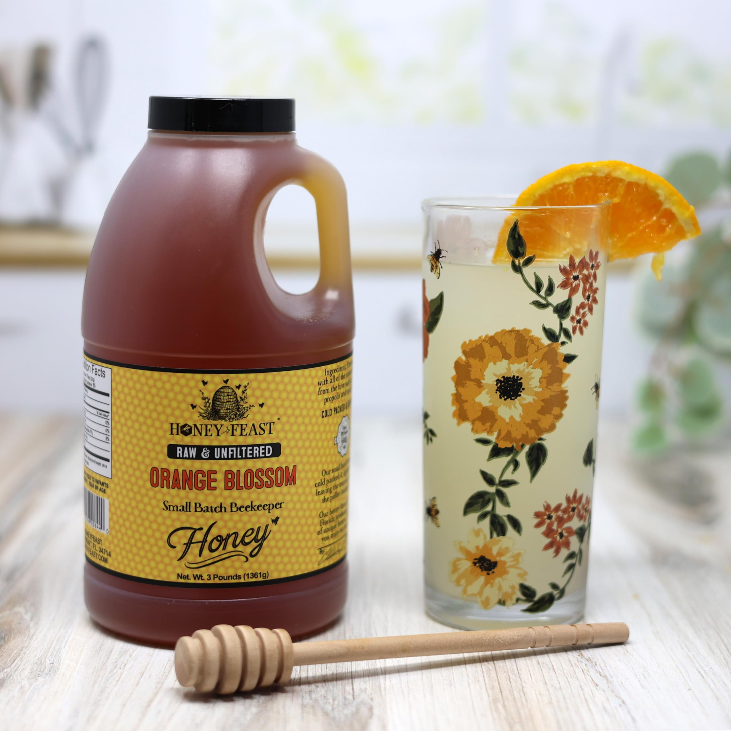 HONEY FEAST Raw Orange Blossom Honey 3 Pounds (Pack of 4), Unfiltered & Pure – Fresh Florida Superfood from American Organic Floral Sources