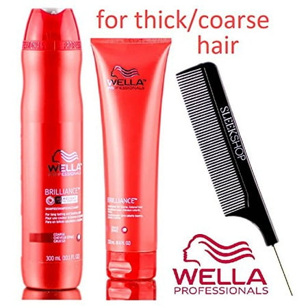 Wella BRILLIANCE Shampoo & Conditioner for THICK, COARSE, COLORED HAIR Set (with Sleek Steel Pin Tail Comb) - DUO - 10.1 oz + 8.4 oz