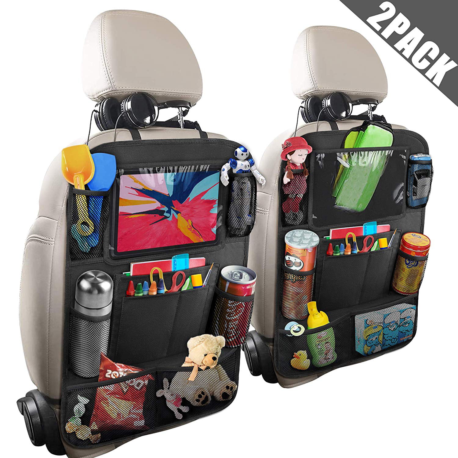 Has Mini Ipad and Bottle Holder; Foldable Table Tray for Kids Toys and Travel Accessories on Road Trips Car Seat Organizer by Stay Onn-PU Leather Backseat Organizer with 4-USB Charging Ports Black 