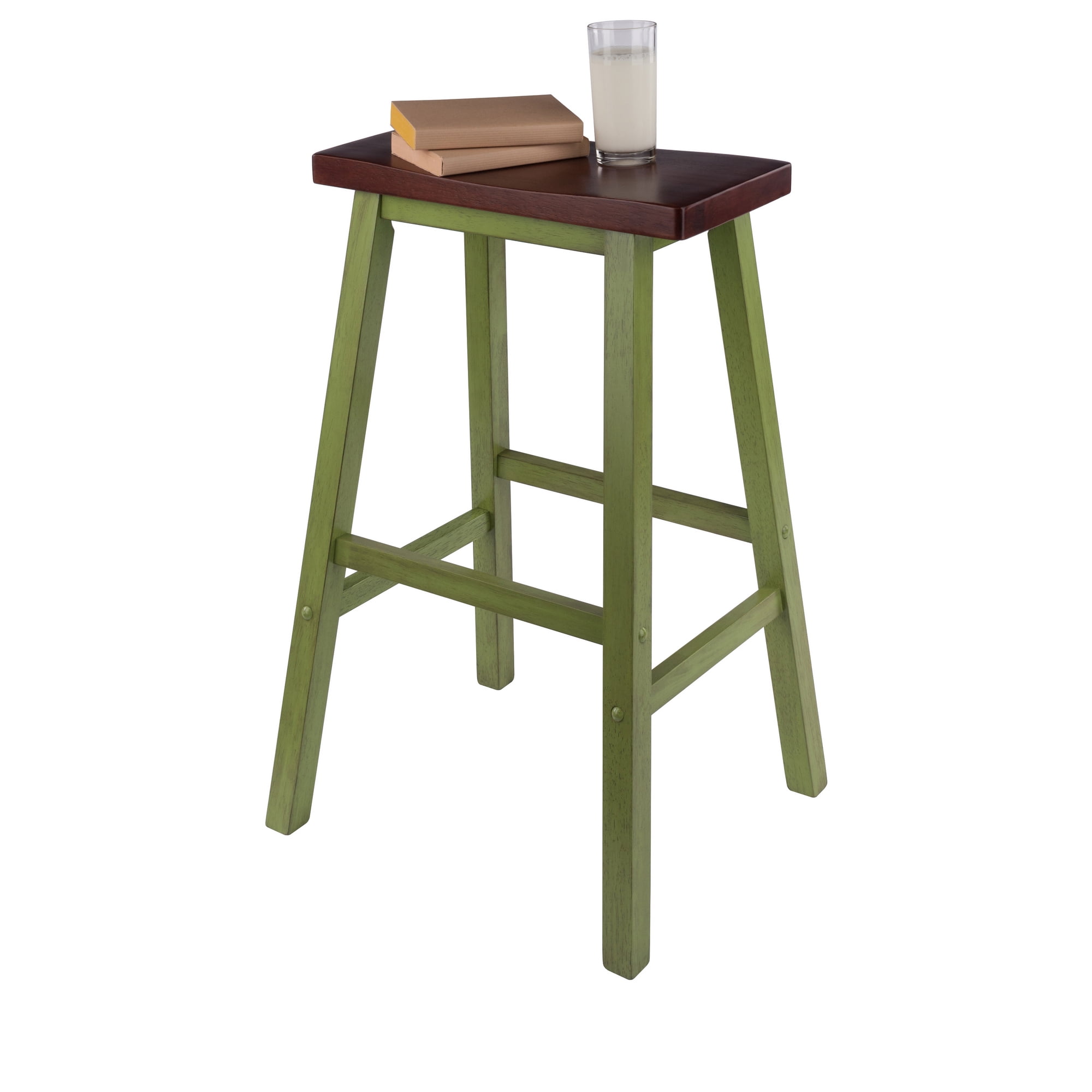 Winsome Satori Saddle Seat Bar Stool, Rustic Green and Walnut Finish