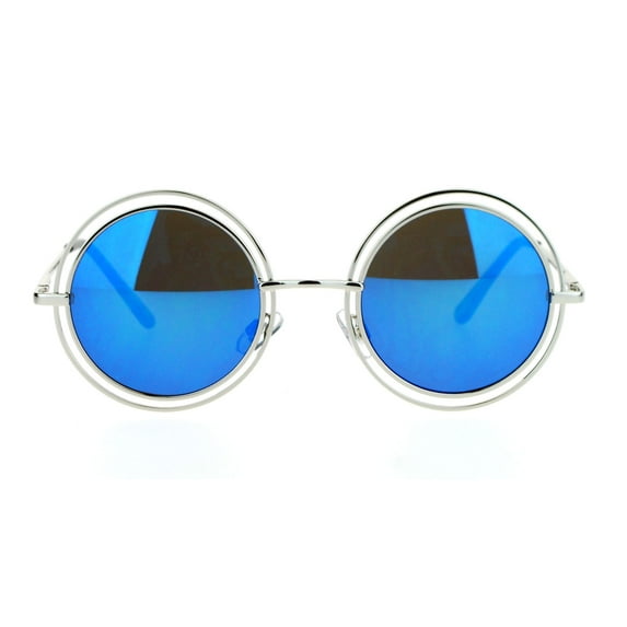 SA106 Unisex Double Frame Hippie Round Circle Lens Pimp Sunglasses Silver Blue