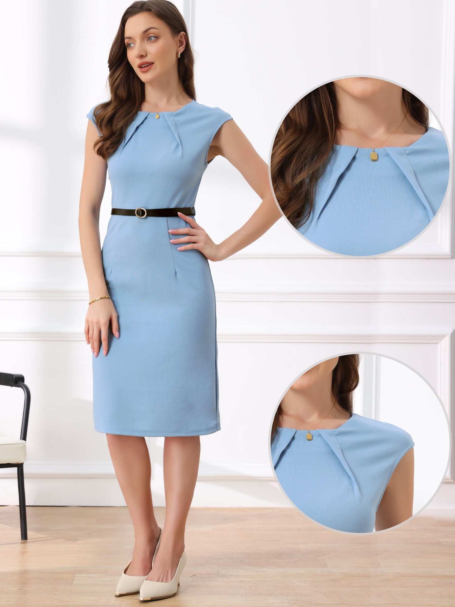 DARING DIVA Elegant Round Neck Cap Sleeve Belted Work Sheath Dresses XL Light Blue
