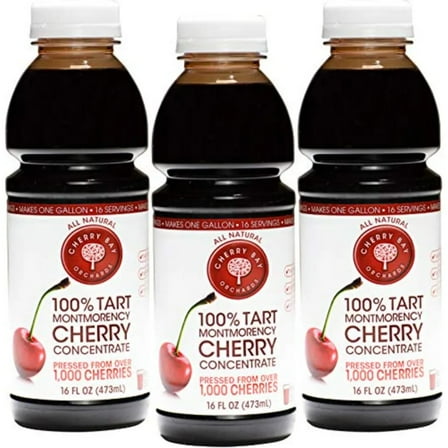Cherry Bay Orchards Tart Cherry Concentrate - Three Pack 16 oz Bottles - All Natural Juice to Promote Healthy Sleep - Gluten Free, Natural Antioxidants, No Added Sugar or Preservatives