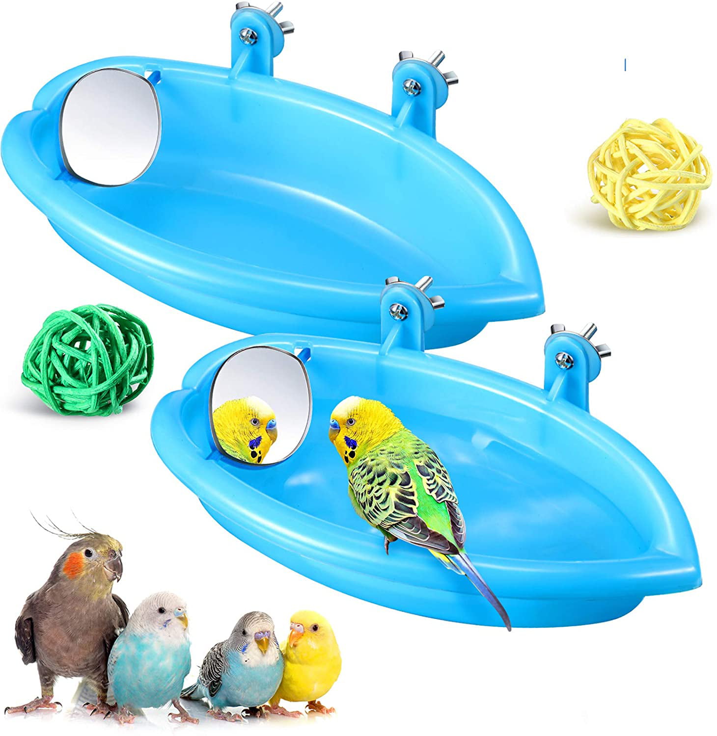 Plastic Birds Cage Bath Basin With Mirror For Pets Small Bird Parrot Bathtub New 