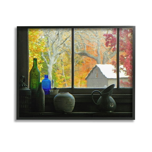 Stupell Industries Fall Foliage in Window Landscape Photography Black Framed Art Print Wall Art, 14 x 11