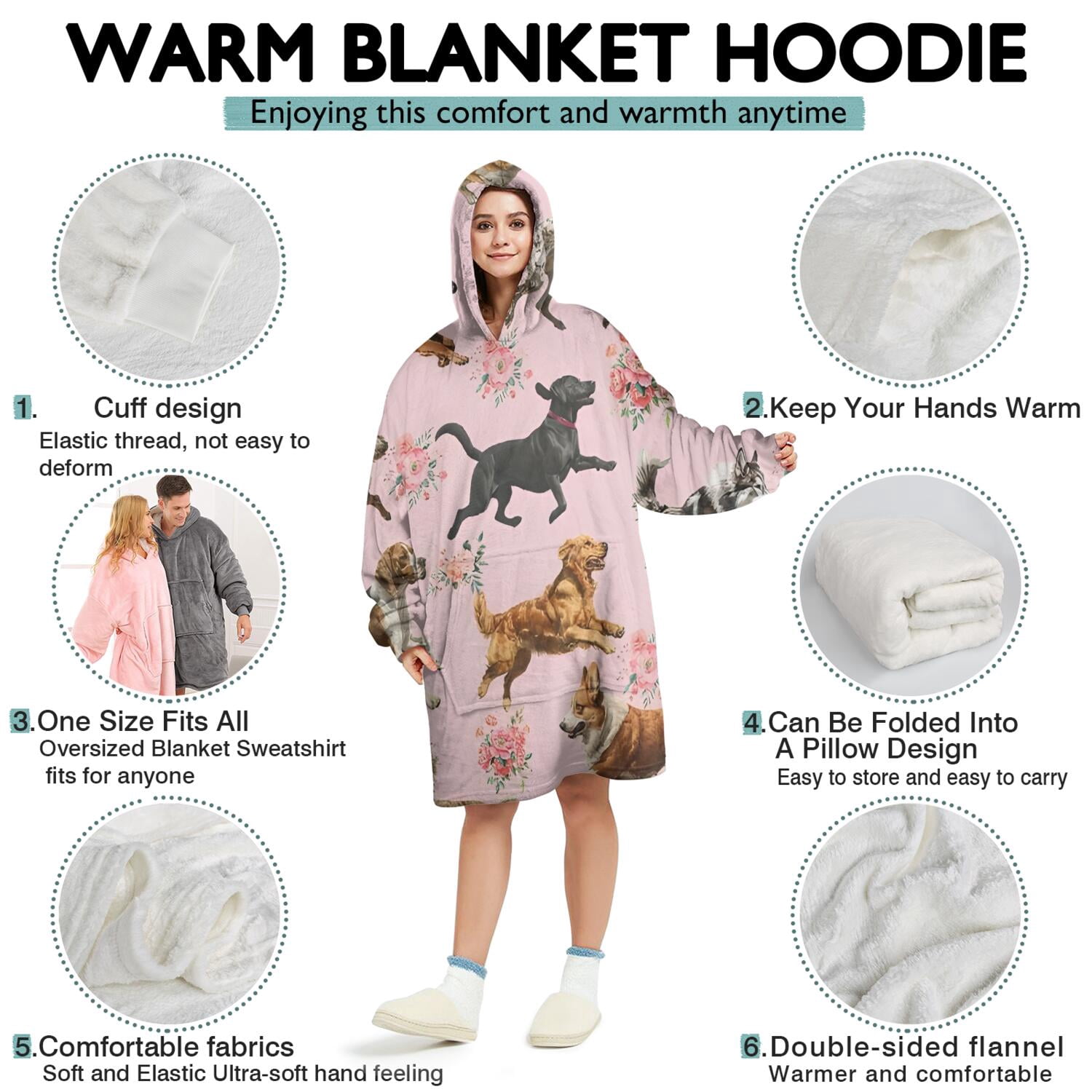 Wearable Oversized Blanket,Dogs with Pioneer Flower Wearable Blanket Hoodie for Adults,Cozy Hooded Blankets with Super Pockets,Super Warm Fuzzy Pullover for Women & Men