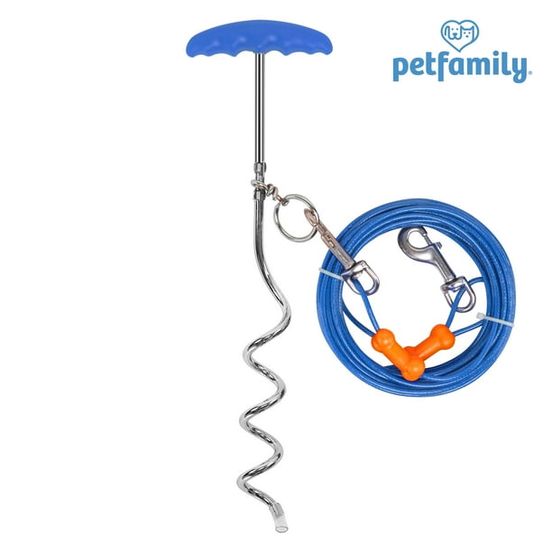 Petfamily Dog Stake and TieOut Cable, Small to Medium Dog, Blue, 25FT / 60LBS