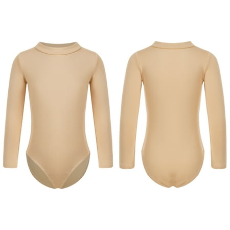 Aiihoo Kids Girls Fleece Gymnastics Leotards Long Sleeves Nude Undergarment Leotard Ballet Dance Dancewear Nude Mock Neck 12-13