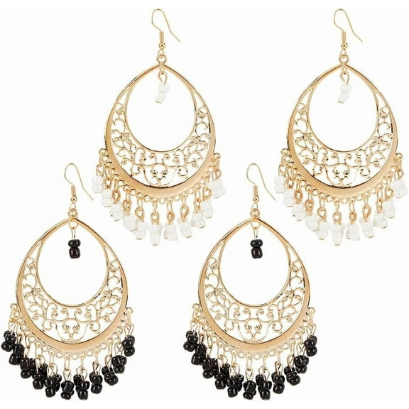 2 Pairs Ethnic Chandelier Tassel Hoop Earrings Coin Sequins Bead Fringe Dangle Earring Lightweight Indian Disc Charm Earrings Retro Gypsy Drop Earring for Woman